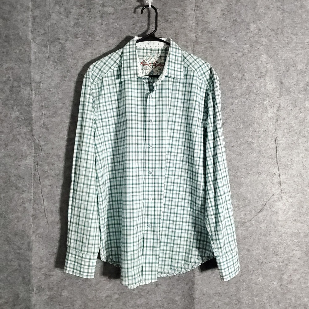 Robert Graham Button Up Shirt Mens Sz L Green Plaid Long Sleeve Designer Casual